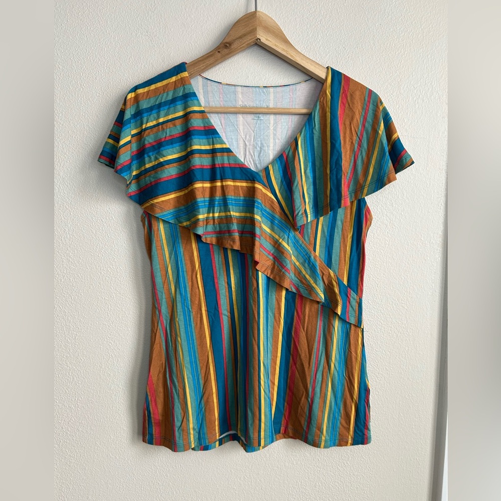 Soft Surroundings Striped Ruffle Sleeveless Top Blouse Blue Orange Wrap Front XS